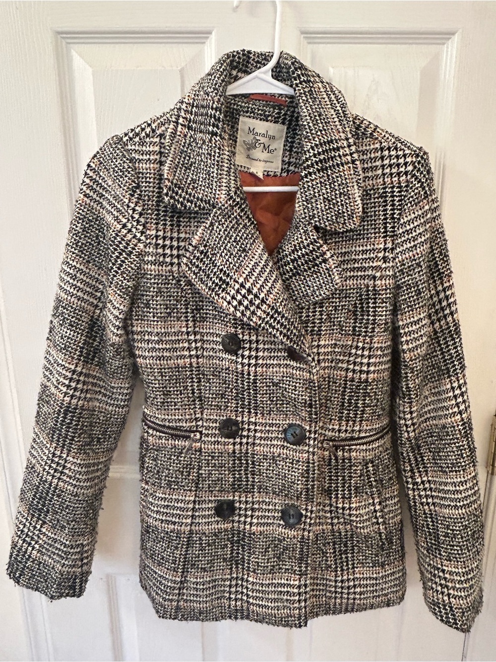 Maralyn & Me Black and Cream Tweed Double-Breasted Pea Coat